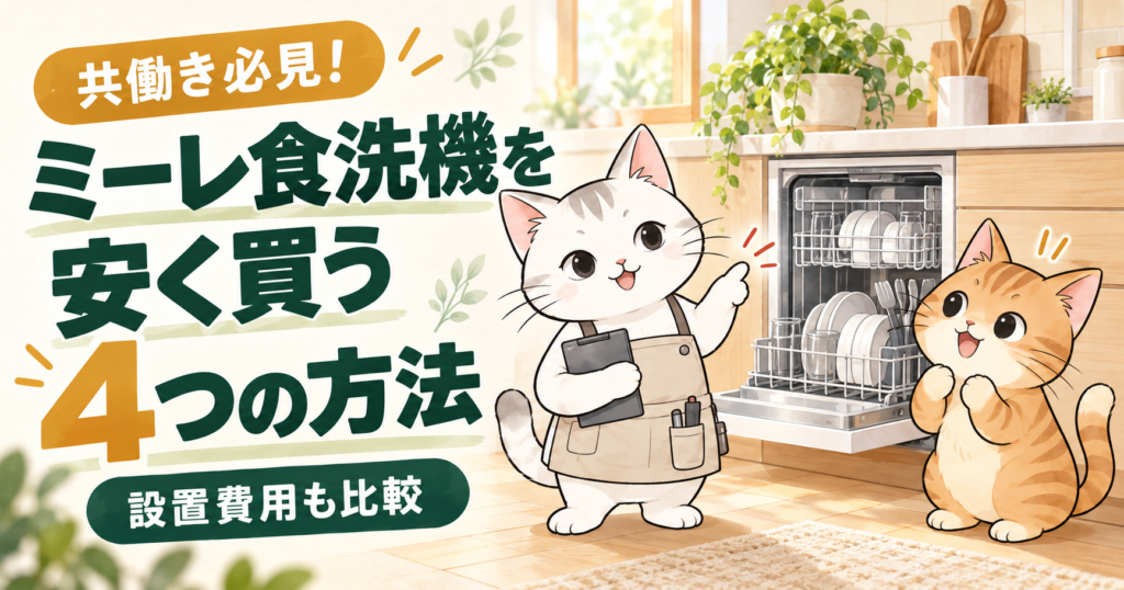 「共働き必見！ミーレ食洗機を安く買う4つの方法。設置費用も比較」と書かれたイラスト。